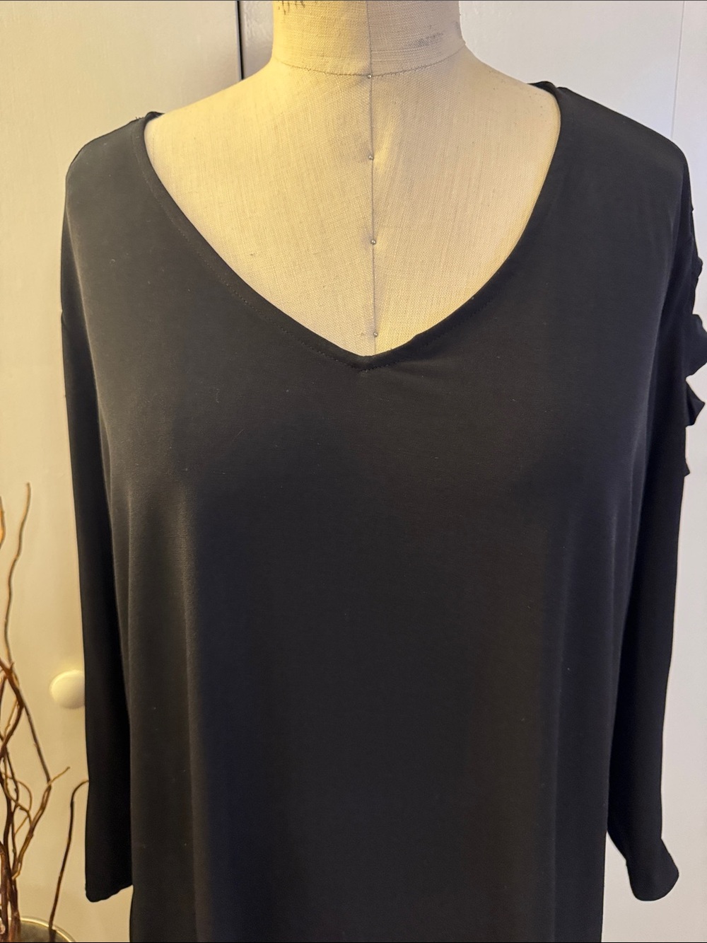 Susan Graver Black V-Neck Long Sleeve Top with cross cross accent sleeve - Picture 2 of 7